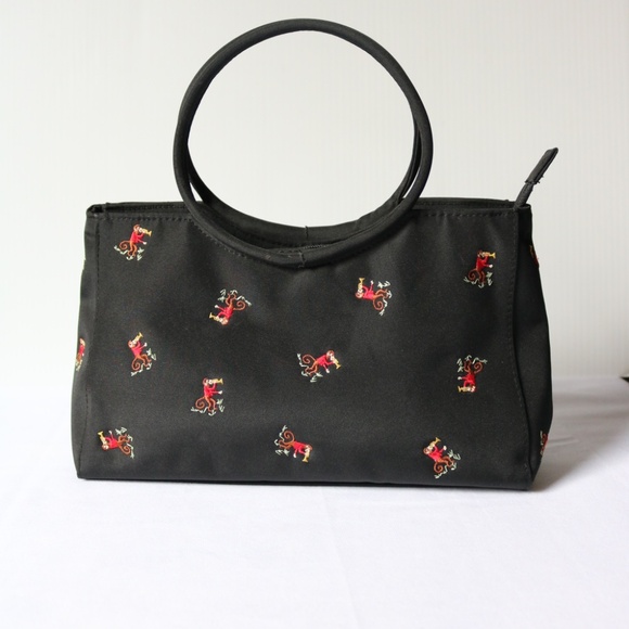 Monkey Purse Handbag Black Embroidered Hoop Handle Trumpet Quirky - Picture 8 of 8